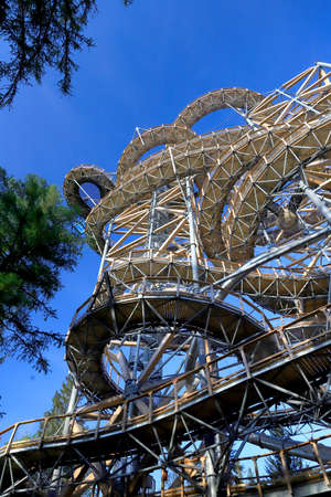 SWIERADOW-ZDROJ, POLAND - JUNE 05, 2021: Sky Walk in Swieradow-Zdroj, the highest observation tower in Poland (mesh and glass platform 62 meters above the ground).のeditorial素材