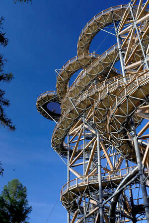 SWIERADOW-ZDROJ, POLAND - JUNE 05, 2021: Sky Walk in Swieradow-Zdroj, the highest observation tower in Poland (mesh and glass platform 62 meters above the ground).のeditorial素材