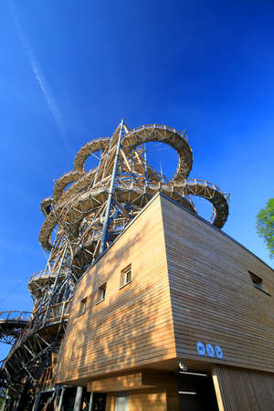 SWIERADOW-ZDROJ, POLAND - JUNE 05, 2021: Sky Walk in Swieradow-Zdroj, the highest observation tower in Poland (mesh and glass platform 62 meters above the ground).のeditorial素材