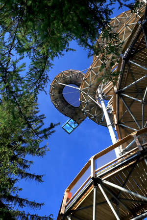 SWIERADOW-ZDROJ, POLAND - JUNE 05, 2021: Sky Walk in Swieradow-Zdroj, the highest observation tower in Poland (mesh and glass platform 62 meters above the ground).のeditorial素材