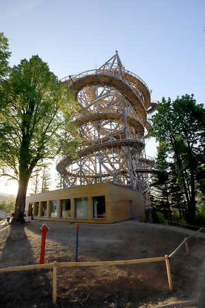 SWIERADOW-ZDROJ, POLAND - JUNE 05, 2021: Sky Walk in Swieradow-Zdroj, the highest observation tower in Poland (mesh and glass platform 62 meters above the ground).のeditorial素材