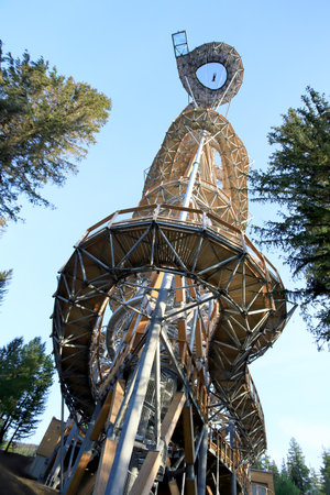 SWIERADOW-ZDROJ, POLAND - JUNE 05, 2021: Sky Walk in Swieradow-Zdroj, the highest observation tower in Poland (mesh and glass platform 62 meters above the ground).のeditorial素材