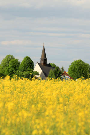 WROCLAW, POLAND - MAY 24, 2021: St. Martin Church in Gogolow at the foot of Sleza Mountain, surrounded by fields of flowering rape.のeditorial素材