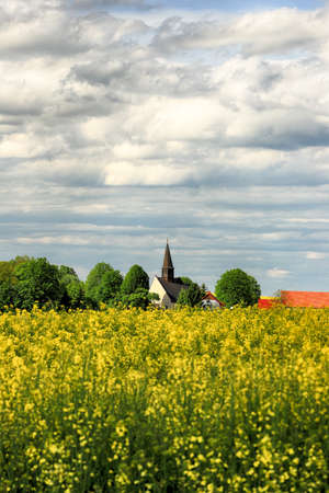 WROCLAW, POLAND - MAY 24, 2021: St. Martin Church in Gogolow at the foot of Sleza Mountain, surrounded by fields of flowering rape.のeditorial素材