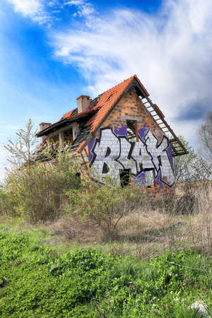 WROCLAW, POLAND - APRIL 25, 2021: Abandoned house near Wroclaw, Poland, Europe.のeditorial素材