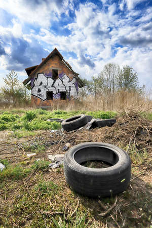 WROCLAW, POLAND - APRIL 25, 2021: Abandoned house near Wroclaw, Poland, Europe.のeditorial素材