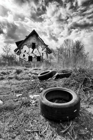 WROCLAW, POLAND - APRIL 25, 2021: Abandoned house near Wroclaw, Poland, Europe.のeditorial素材