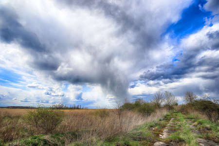 Empty, local road among fields on a stormy day on the last days of April. Spring landscape with beautiful clouds.の写真素材