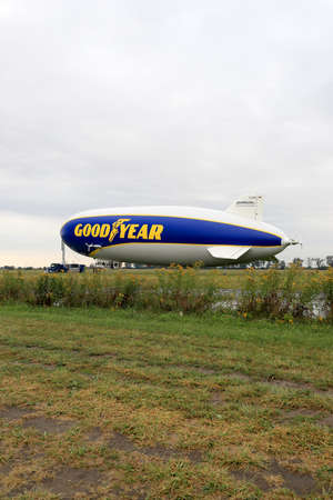 WROCLAW, POLAND - AUGUST 01, 2021: The legendary Goodyear Blimp airship waiting for passengers. Airport in Szymanow near Wroclaw, Poland, Europe.のeditorial素材