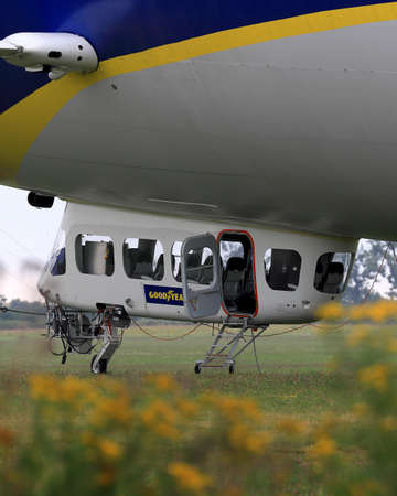 WROCLAW, POLAND - AUGUST 01, 2021: The legendary Goodyear Blimp airship waiting for passengers. Airport in Szymanow near Wroclaw, Poland, Europe.のeditorial素材