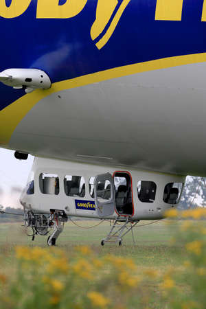 WROCLAW, POLAND - AUGUST 01, 2021: The legendary Goodyear Blimp airship waiting for passengers. Airport in Szymanow near Wroclaw, Poland, Europe.のeditorial素材