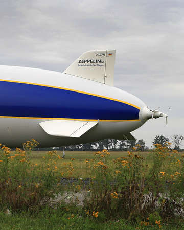 WROCLAW, POLAND - AUGUST 01, 2021: The legendary Goodyear Blimp airship waiting for passengers. Airport in Szymanow near Wroclaw, Poland, Europe.のeditorial素材