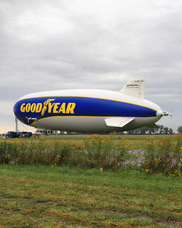 WROCLAW, POLAND - AUGUST 01, 2021: The legendary Goodyear Blimp airship waiting for passengers. Airport in Szymanow near Wroclaw, Poland, Europe.のeditorial素材