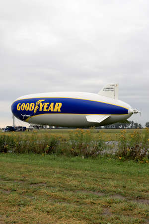 WROCLAW, POLAND - AUGUST 01, 2021: The legendary Goodyear Blimp airship waiting for passengers. Airport in Szymanow near Wroclaw, Poland, Europe.のeditorial素材