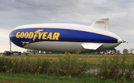 WROCLAW, POLAND - AUGUST 01, 2021: The legendary Goodyear Blimp airship waiting for passengers. Airport in Szymanow near Wroclaw, Poland, Europe.のeditorial素材