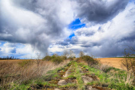 Empty, local road among fields on a stormy day on the last days of April. Spring landscape with beautiful clouds.の写真素材
