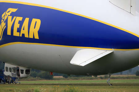 WROCLAW, POLAND - AUGUST 01, 2021: The legendary Goodyear Blimp airship waiting for passengers. Airport in Szymanow near Wroclaw, Poland, Europe.のeditorial素材