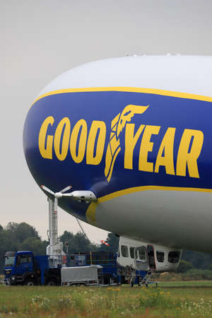 WROCLAW, POLAND - AUGUST 01, 2021: The legendary Goodyear Blimp airship waiting for passengers. Airport in Szymanow near Wroclaw, Poland, Europe.のeditorial素材