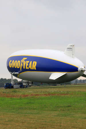 WROCLAW, POLAND - AUGUST 01, 2021: The legendary Goodyear Blimp airship waiting for passengers. Airport in Szymanow near Wroclaw, Poland, Europe.のeditorial素材