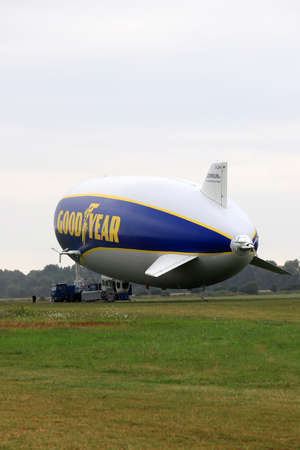 WROCLAW, POLAND - AUGUST 01, 2021: The legendary Goodyear Blimp airship waiting for passengers. Airport in Szymanow near Wroclaw, Poland, Europe.のeditorial素材