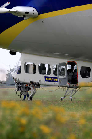 WROCLAW, POLAND - AUGUST 01, 2021: The legendary Goodyear Blimp airship waiting for passengers. Airport in Szymanow near Wroclaw, Poland, Europe.のeditorial素材