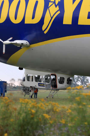WROCLAW, POLAND - AUGUST 01, 2021: The legendary Goodyear Blimp airship waiting for passengers. Airport in Szymanow near Wroclaw, Poland, Europe.のeditorial素材