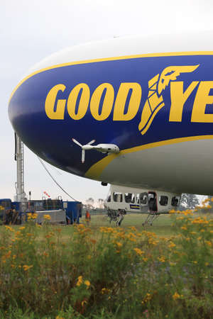 WROCLAW, POLAND - AUGUST 01, 2021: The legendary Goodyear Blimp airship waiting for passengers. Airport in Szymanow near Wroclaw, Poland, Europe.のeditorial素材