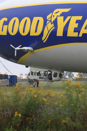 WROCLAW, POLAND - AUGUST 01, 2021: The legendary Goodyear Blimp airship waiting for passengers. Airport in Szymanow near Wroclaw, Poland, Europe.のeditorial素材