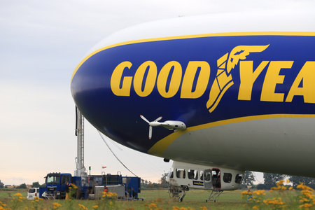 WROCLAW, POLAND - AUGUST 01, 2021: The legendary Goodyear Blimp airship waiting for passengers. Airport in Szymanow near Wroclaw, Poland, Europe.のeditorial素材