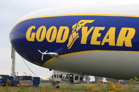 WROCLAW, POLAND - AUGUST 01, 2021: The legendary Goodyear Blimp airship waiting for passengers. Airport in Szymanow near Wroclaw, Poland, Europe.のeditorial素材