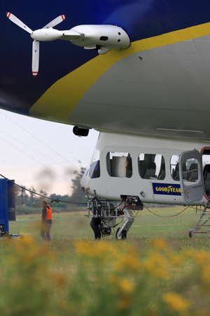 WROCLAW, POLAND - AUGUST 01, 2021: The legendary Goodyear Blimp airship waiting for passengers. Airport in Szymanow near Wroclaw, Poland, Europe.のeditorial素材