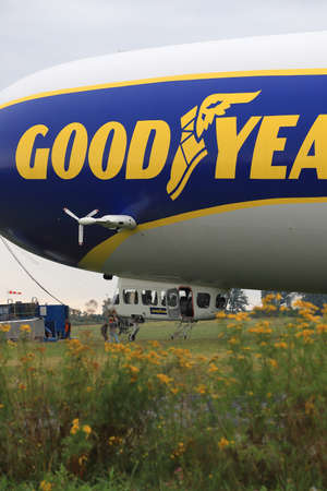 WROCLAW, POLAND - AUGUST 01, 2021: The legendary Goodyear Blimp airship waiting for passengers. Airport in Szymanow near Wroclaw, Poland, Europe.のeditorial素材
