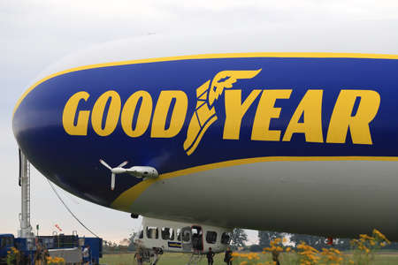 WROCLAW, POLAND - AUGUST 01, 2021: The legendary Goodyear Blimp airship waiting for passengers. Airport in Szymanow near Wroclaw, Poland, Europe.のeditorial素材