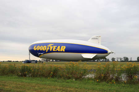 WROCLAW, POLAND - AUGUST 01, 2021: The legendary Goodyear Blimp airship waiting for passengers. Airport in Szymanow near Wroclaw, Poland, Europe.のeditorial素材