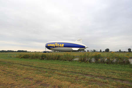WROCLAW, POLAND - AUGUST 01, 2021: The legendary Goodyear Blimp airship waiting for passengers. Airport in Szymanow near Wroclaw, Poland, Europe.のeditorial素材