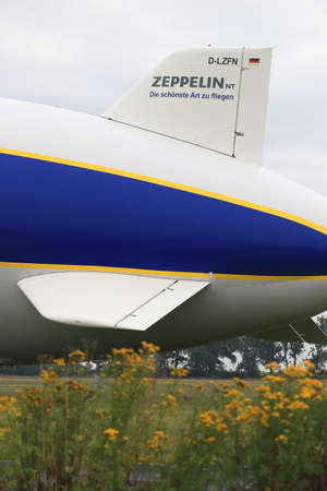 WROCLAW, POLAND - AUGUST 01, 2021: The legendary Goodyear Blimp airship waiting for passengers. Airport in Szymanow near Wroclaw, Poland, Europe.のeditorial素材