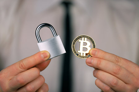 A businessman holds a silver padlock and physical version of bitcoin in his hands. Prohibition of cryptocurrencies, regulations, restrictions or security, protection, privacy.の写真素材