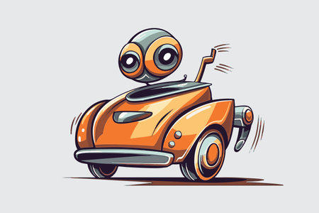 Hand painted robot driving a car in cartoon style. AI - artificial intelligence and self-driving car concept logo. vector format.のイラスト素材