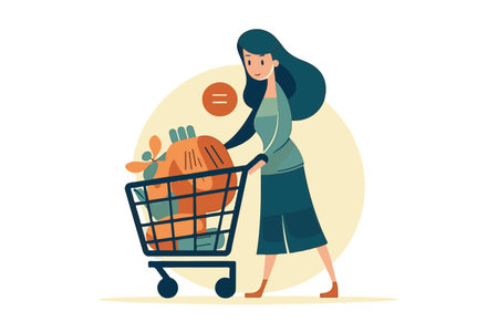 Hand painted young lady with shopping trolley in cartoon style. Shopping and e-commerce concept logo. vector format.のイラスト素材