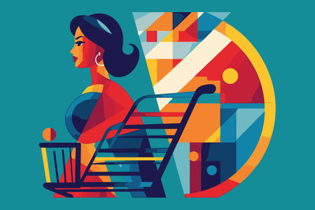 Hand painted young lady with shopping trolley in cartoon style. Shopping and e-commerce concept logo. vector format.のイラスト素材