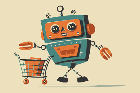 Hand painted robot with shopping trolley in cartoon style. AI - artificial intelligence in shopping and e-commerce, concept logo. vector format.のイラスト素材