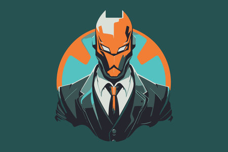 Hand painted businessman with robot head in cartoon style. AI - artificial intelligence in business, concept logo. vector format.のイラスト素材