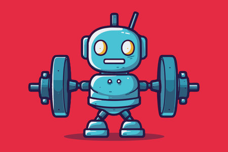 Hand painted robot with weights in the gym, cartoon style. AI - artificial intelligence in fitness and strength sports, concept logo. vector format.のイラスト素材