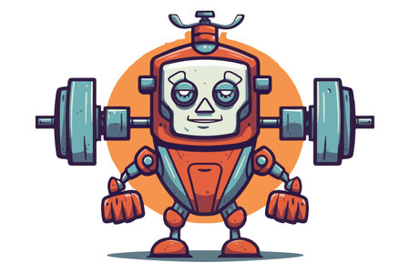 Hand painted robot with weights in the gym, cartoon style. AI - artificial intelligence in fitness and strength sports, concept logo. vector format.のイラスト素材