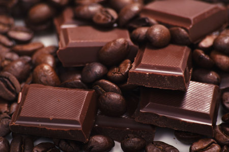 Chocolate-Coffee background: Close-up of a beans, cup, mill 