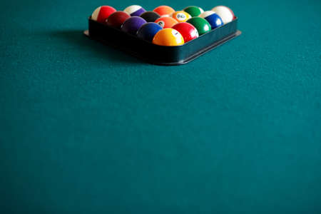 Billiard game details: balls, cue, table.の写真素材