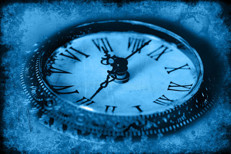 Vintage clock face: hands, wood.
