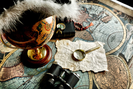Old fashioned objects on the vintage mapの写真素材