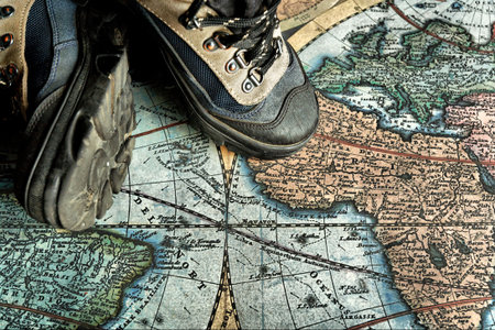 Old fashioned objects on the vintage mapの写真素材