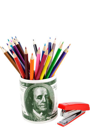 Writing materials: coloured pencils background.の写真素材